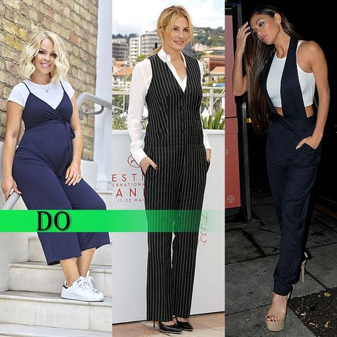 Katie Piper, Julia Roberts, and Nicole Scherzinger layering shirts and tops under jumpsuits. Jumpsuit With Long Sleeves Underneath, Layered Jumpsuit Outfit, How To Dress Up A Jumpsuit, Shirt Under Jumpsuit, How To Wear Jumpsuit Outfit Ideas, How To Style Jumpsuit, Elaborate Hairstyles, Hairstyles For Everyday, Blue Underneath