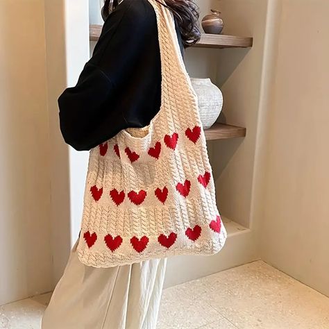 Trendy Heart Pattern Knitted Tote Bag, Large Capacity Shoulder Bag, Perfect Underarm Bag For Daily Use - Temu Knitted Heart Pattern, Tote Crochet, Heart Crochet, Knitting Tote Bag, Knitting Tote, Knitted Bag, Knitted Heart, Crochet Shoulder Bag, Stylish Tote Bag