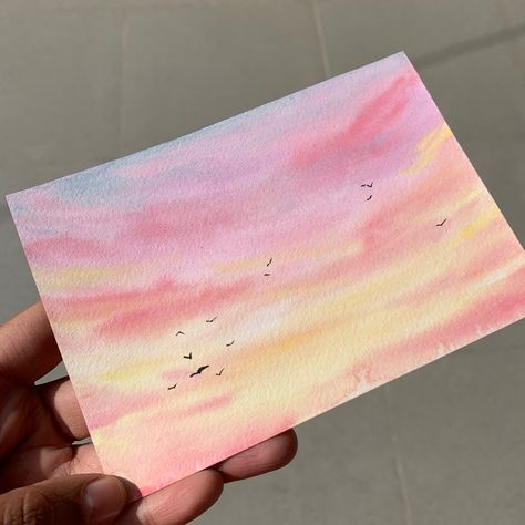 Pink Sky Watercolor Paintings, Simple Sunset Watercolor Painting, Asthetic Drawings Watercolor, Watercolor Art Basic, Basic Watercolor Painting For Beginners Flowers, Sunset Sky Painting Easy, Watercolor Clouds Sunset, Oil Pastel Sky Art, Pink Sky Watercolor