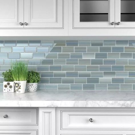 Brown Glass Tile Backsplash Kitchen, White Cabinets Gray Backsplash, Kitchen Countertops Colors, Blue Backsplash Kitchen, Tile For Kitchen Backsplash, Camper Renovations, Quartz Flooring, Blue Glass Tile, Tile For Kitchen