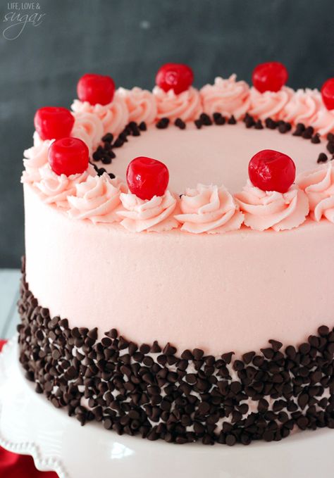 Cherry Chocolate Chip Cake - full of maraschino cherry flavor and mini chocolate chips! Cherry Buttercream, Life Love And Sugar, Mini Torte, Pink Birthday Cakes, Chocolate Chip Cake, Cherry Chocolate, Cherry Cake, Birthday Cake Recipe, Best Cake Recipes