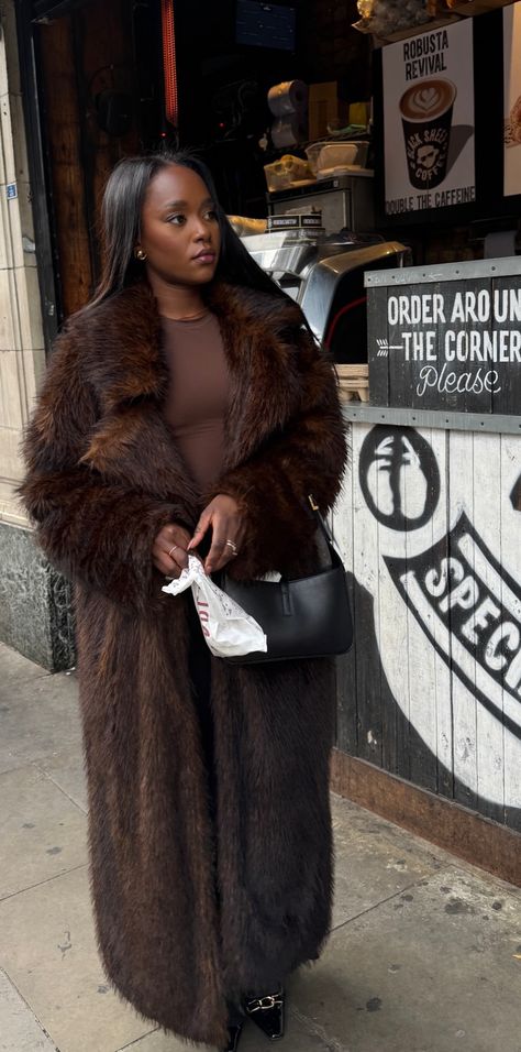 Winter Overcoat Outfit Women, Long Aviator Jacket Outfit, Fur Coat Black Woman, Dark Brown Fur Coat Outfit, Deep Winter Black Women, Fur Headband Outfit Winter, Black Women Fur Coat, Winter Mini Dress Outfit, Fur Coat Outfit Black Women