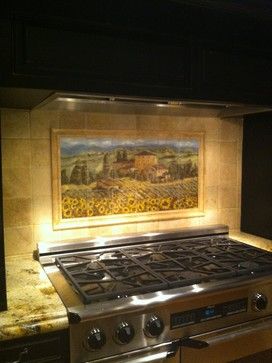 Picture tile back splash above stove Tuscan Kitchen Ideas Rustic Italian, Tuscan Kitchen Ideas, Hand Painted Tiles Kitchen, Spanish Tile Backsplash, Kitchen Ideas Rustic, Basement Rooms, Kitchen Tile Mural, Tuscan Tile, Tuscan Kitchen Design