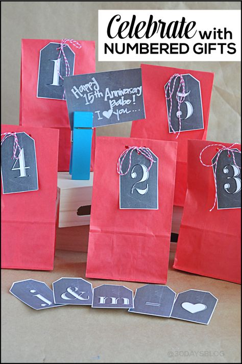 Unique gift idea: celebrate with numbered gifts! Includes several pages of #printable chalkboard tags (letters, numbers, blank).  www.thirtyhandmadedays.com Countdown Gift Ideas, Three Year Anniversary Gift, Chalkboard Numbers, Cheapest Wedding, Anniversary Ideas For Him, 3rd Year Anniversary Gifts, 2nd Anniversary Gifts, Homemade Anniversary Gifts, 1 Year Anniversary Gifts