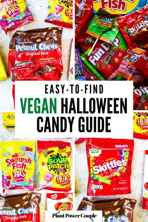 Four photos showing a variety of vegan candies including peanut chews, skittles, sour patch kids, swedish fish, and jolly rancher lollipops. Text reads: easy to find vegan halloween candy guide Gravy For Thanksgiving, Cholesterol Meal Plan, Vegan Halloween Candy, Low Cholesterol Meal Plan, Jolly Rancher Lollipops, Refrigerator Dill Pickles, Meatless Meat, Accidentally Vegan, Vegan Candy