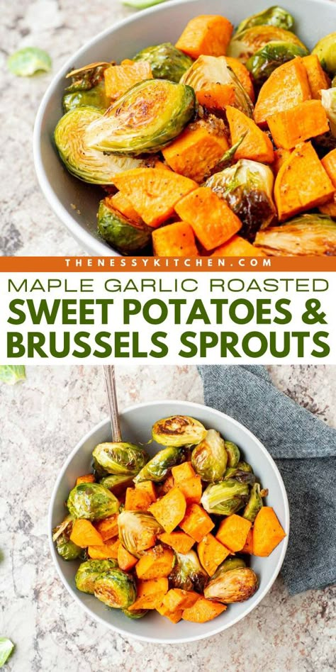 Look forward to these Maple Garlic Roasted Sweet Potatoes and Brussels Sprouts! 7 ingredients are all you need for this simple fall recipe. Healthy with a delicious blend of seasonal flavors, these oven roasted veggies are an easy Thanksgiving side dish everyone will love! Brussel Sprouts And Sweet Potato Recipe, Sweet Potatoes With Maple Syrup, Buffalo Chicken Pasta Salad, Sweet Potato Oven, Sprouting Sweet Potatoes, Easy Healthy Side Dishes, Roasted Veggies In Oven, Oven Roasted Sweet Potatoes, Thanksgiving Side Dishes Easy