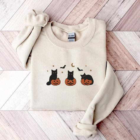 Embroidered Black Cat Sweatshirt, Halloween Sweatshirt, Pumpkin shirt, Fall Sweatshirt for Women, Halloween Crewneck, Spooky Season, Bat top Fall Halloween Outfits, Cat Mom Sweater, Chat Halloween, Pumpkin Sweatshirts, Halloween Sweater, Sweatshirt Halloween, Cat Sweatshirt, Black Cat Halloween, Cow Girl