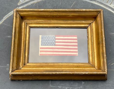 "Check us out in 7/22 issue of Country Living magazine Where we are featured for our amazing vintage and antique flag collection. Very nice and scarce antique flag Professionally framed in this incredible antique gilt American frame. We recently acquired this from a private collection in the mid west. Flag is about 8\"x5\" Frame is about 18\"x15\" FF45E95 The 45-Star Flag: This Flag became the Official United States Flag on July 4th, 1896. A star was added for the admission of Utah on January 4t Framed American Flag Vintage, American Flag Room Decor, American Flag Room, Framed American Flag, Grover Cleveland, American Flag Art, William Mckinley, Star Flag, American Flag Decor