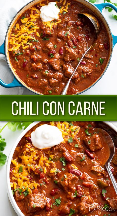 chili con carne with beef, beans, and cheese Shredded Beef Chili, Chili Con Carne Recipe, Carne Recipe, Con Carne Recipe, Comfort Soup Recipes, Hearty Chili, Cooking With Beer, Tender Beef, Spicy Chili