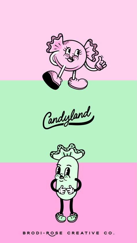 Candyland brand retro logo and mascot illustration Candyland is a retro confectionery outlet, that is reminiscent of walking into a candy store full of all your childhood treats. This branding uses the retro style of rubber hose, in a retro mascot design. This branding is modern, yet has a retro vibe. It’s specifically candy colours, is eye-catching and sets them apart from their competitors. Product packaging, website and social media templates, logo, color palette, icons, the mascots and more. Daycare Logo, Illustration Building, Retro Mascot, Packaging Website, Mascot Illustration, Colorful Branding, Candy Logo, Building Brand, Style Guide Design