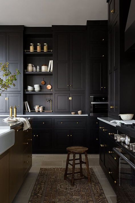 Moody Kitchen, Light And Dwell, Black Rooms, Kabinet Dapur, Black Kitchen Cabinets, Dark Kitchen, Farmhouse Kitchen Design, Dark Kitchen Cabinets, Black Cabinets