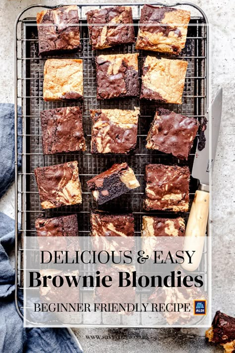 Thick and chewy squares of brownie and blondie marbled together to make the perfect easy dessert. Soft and chewy they are the best marble brownie you'll find! Brownie Blondie Swirl Recipes, Brownie And Blondie Recipes, Brownie Blondies Recipe, Marble Brownies Recipe, Brownie Recipes Uk, Chewy Squares, Savvy Bites, Marbled Brownies, Marble Brownies