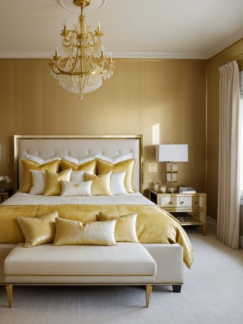 Elevate your bedroom with a luxurious golden yellow accent wall. Complete the look with a sleek white bed frame, plush velvet pillows, and a statement chandelier for a touch of glamour. Luxurious Yellow Bedroom, Golden White Bedroom, Golden Yellow Bedroom Ideas, His And Her Bedroom Ideas Couple, Washroom Layout, His And Hers Bedroom Ideas, Yellow Accent Wall, Bedroom Ideas Couples, Yellow Accent Walls