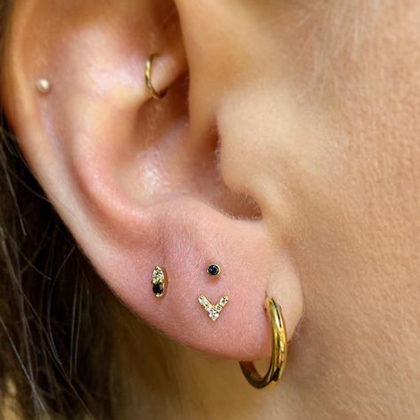 Taylor Bell on Instagram: “Fresh Stacked Lobe with a Yellow Gold Bezel Black Diamond and a Yellow Gold all White Diamond Chevron and a fresh Third Lobe using a Yellow…” Stacked Lobes, Stacked Lobe, Lobe Piercing, All White, Tattoos And Piercings, Cute Jewelry, Earings Piercings, Black Diamond, White Diamond