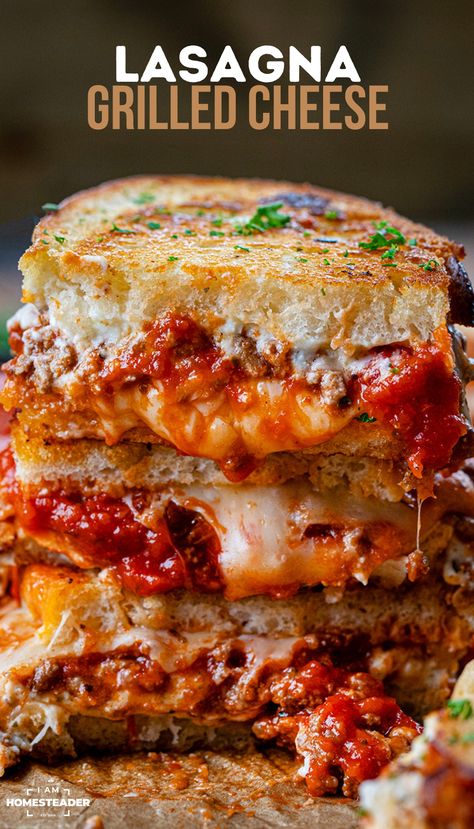 This Lasagna Grilled Cheese is ground beef simmered in marinara sauce layered between slices of buttery sourdough, with a rich, creamy ricotta-parmesan spread and melty mozzarella. (If that sounds like a mouthful, it is, both literally and figuratively!) It is the ultimate mash-up of two classics–lasagna and a crispy, gooey grilled cheese sandwich! Lasagna Sandwich, Lasagna Grilled Cheese, Ricotta Spread, Lasagna Dip, Meaty Lasagna, Winter Lunch, Roasted Tomato Soup, Homemade Marinara, Cheese Sandwich