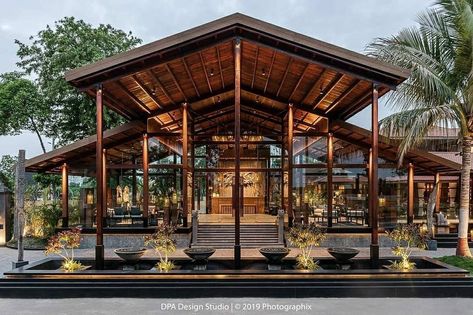 Tropical Restaurant Design Exterior, Event Space Design, Outdoor Restaurant Patio, Restaurant Exterior Design, Architecture Restaurant, Outdoor Restaurant Design, Restaurant Exterior, Resort Architecture, Restaurant Patio