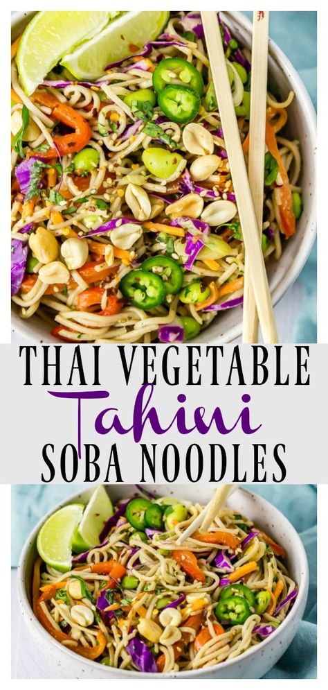 Thai Tahini Veggie Soba Noodle Bowls | Refreshing and cool, light yet satisfying these Noodle Salad Bowls are slurp-tastically delicious.  Ready in 30 minutes or less these quick and easy bowls are perfect for lunch or dinner! #Vegetarian #Soba #noodles #salad #bowl #tahini #thai #quick #easy #recipe via @nospoonn Vegetarian Soba Noodles, Vegetarian Noodle Bowls, Easy Bowls, Manly Food, Soba Noodle Bowl, Noodles Salad, Soba Noodles Recipe, Soba Noodles Salad, Dinner Vegetarian