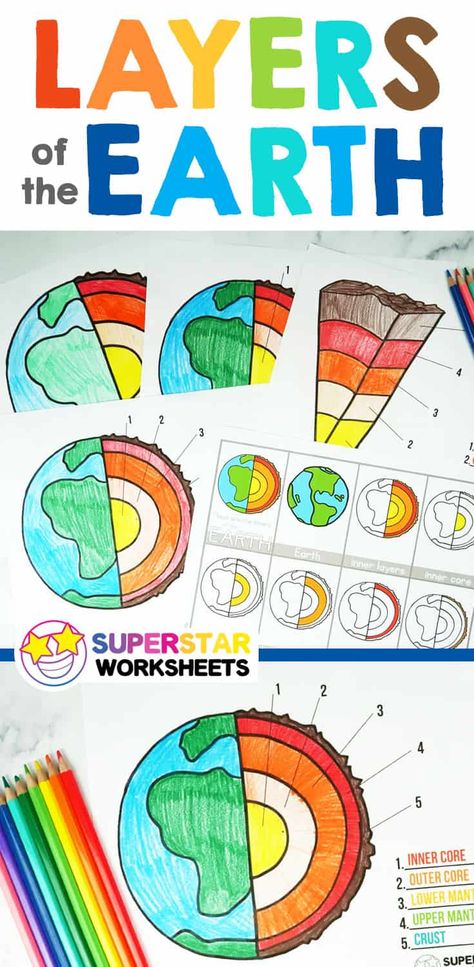 Layers of the Earth Worksheets. Free printable layers of the earth diagram, worksheets, label worksheet, hands-on activities, nomenclature cards, and more! Free science worksheets, games, and printables. Earth's Layers Activities, Hands On Earth Science Activities, Layers Of The Earth Preschool, Earth Systems Activities, Geosphere Activities, Layers Of The Earth Craft, Layers Of The Earth Worksheet, Stem Worksheets Free Printables, Earths Layers Project Ideas