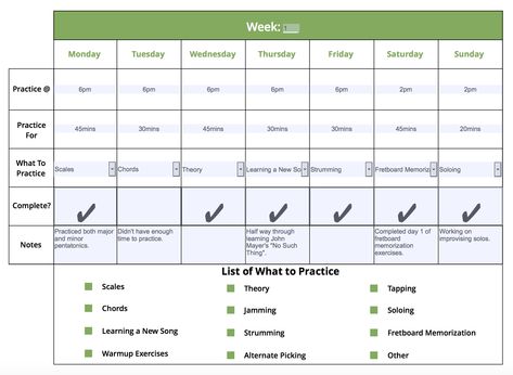 Use this guitar practice schedule to help you plan out your week and keep track of what you practiced. Download the fillable guitar practice schedule PDF here: https://cdn.musiciantuts.com/wp-content/uploads/2016/06/guitar-practice-schedule.pdf Guitar Practice Schedule, Guitar Practice Routine Beginners, Supernote Templates, Guitar Practice Routine, Practice Schedule, Learn Bass Guitar, Music Theory Piano, Guitar Poster, Guitar Songs For Beginners