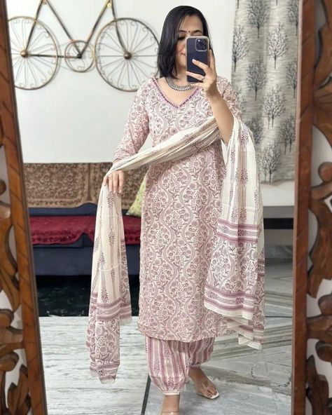 New arrival 💓💓 Look straight out of a dreamy movie set as you turn around and walk in this elegant flared suit ! The perfect of traditional wear 🦋🦋🦋🦋🦋🦋🦋🦋 _New straight kurta set with new style in saganeri block print_ Size available - 38(M),40(L),42(XL),44(XXL) 46(3XL) Material - Cotton pant - Afgani pattern Work-Adda work detailing& beautiful embroidery Kurti length - 45-46 inches Pant length - 39 inches Dupatta length- 2.2meter c Sleeves - 3/4 sleeve Price - Rs. 825 + Shi... Afghani Suit, Marriage Suits, Glam Wardrobe, Clothing Rack Display, Embroidery Kurti, Ethereal Dress, Traditional Indian Outfits, Cotton Kurti, Dupatta Set