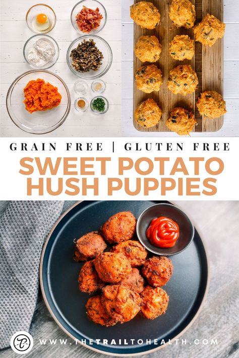 Sweet Potato Hush Puppies Recipe, Grain Free Appetizers, Sweet Potato Hush Puppies, Gf Hush Puppies Gluten Free, Gluten Free Hush Puppies, Vegan Hush Puppies, Sweet Potato Hash Recipe, Hush Puppies Recipe, Gluten Free Sweet Potato