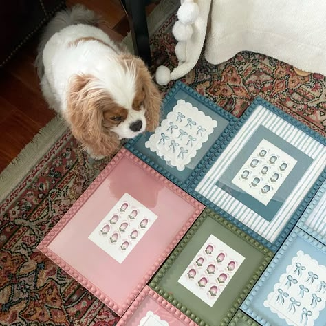 Bows, Buds, & Bobbins ft. @teddythecavking as my little helper! 🐶🤍🎀 🤍✨ these sweet pieces are available on my site! #interiordesign #design #artwork #painting #gold #frames #blue #flowers #pattern #traditional #canvas #acrylic #brass #tablescape #womenowned #smallbusiness #selftaught #interiordesigner #collector #homegoods #art #vintage #vibe #picture #beautiful #bobbins Bobbin Picture Frame, Brass Tablescape, Pretty Crier, Kid Furniture, Gallery Wall Staircase, 2024 Bedroom, Painting Gold, Gold Frames, Princess Room