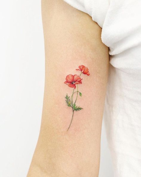 A little poppy flower tattoo Flower Tattoos Poppies, Poppy Flower Tattoos, Fine Line Poppy Tattoo, Simple Poppy Tattoo, Red Poppy Tattoo, Poppy Flower Tattoo, Poppy Tattoo, Bouquet Tattoo, Poppies Tattoo