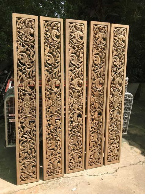 Thai Queen Size Bed Wood Headboard Sculpture Lotus Flower Mandala www.ninnetthailand.com  ninnetthailand@gmail.com Wood Carving Bed Design, Bali Furniture Carved Wood, Wooden Wall Art Panels, Indian Carved Wood Wall Art, Wood Art Panels, Carved Sofa, Wooden Partitions, Balinese Wood Carving Panel, Grey Bedroom Decor