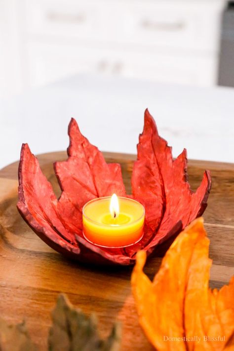 DIY Clay Leaf Bowls Domestically Blissful, Clay Leaf, Vegetarian Recipes Dessert, Oven Safe Bowls, Leaf Bowl, Fun Fall Crafts, Oven Bake Clay, Semi Homemade, Baking Clay