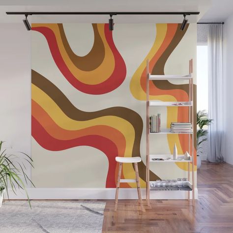 Paint Swirls On Wall, Wall Design Colorful, Wall Swirls Painted, Wall Wave Design, Wall Murals Diy Easy, Retro Lines On Wall, Fun Wall Designs, 70s Wall Design, Groovy Accent Wall