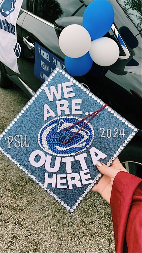 Penn State Grad Cap Ideas, High School Cap Decoration Senior Year, Psu Grad Cap, Penn State Cap Decoration, Penn State Grad Cap, Grad Cap College Logo, Penn State Graduation Party, Penn State Graduation Cap, Graduation Cap Designs High School