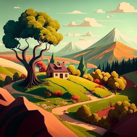 A cartoon drawing of a house in a valley... | Premium Photo #Freepik #photo #vector-art #vector-illustration #lowpoly #summer-landscape Mountain House Drawing, Vector Landscape Illustration, Cartoon Scenery, Drawing Of A House, Cartoon Mountain, Cartoon Landscape, Characters Disney, Vector Landscape, Mountain Background