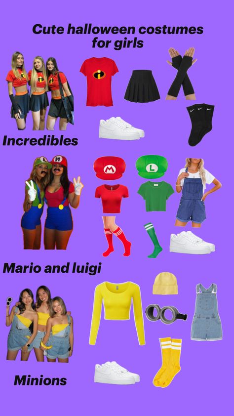 The incredibles, Mario and Luigi and the minions!! Mario And Luigi Costumes, Halloween Constumes, Luigi Costume, The Minions, Cute Halloween Costumes, Mario And Luigi, Halloween Costumes For Girls, Girl Costumes, Cute Halloween