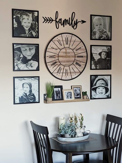 Picture Layouts On Wall Living Rooms, Gallery Wall With Round Mirror In Center, Clock And Picture Wall Layout, Gallery Wall With Clock, Wall Collage With Clock, Clock Gallery Wall, Wall With Clock, Picture Wall Layout, Photo Arrangements On Wall