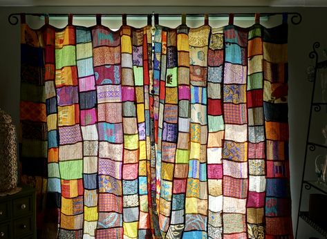 New colours available - vintage upcycled silk kantha patchwork curtains. Decadent yet eco-friendly and so much detail in every patch giving a stained glass appearance and an eclectic bohemian vibe to your home décor https://www.etsy.com/uk/shop/TurquoiseTreeDesign... #housewarminggift #eclectichomedecor #ecofriendlycurtain #upcycledcurtains #bohemiancurtain #vintagecurtains #silkcurtain #patchworkcurtain #recycledcurtain #vintagewallhanging #walldecor #handmadecurtain Patch Curtains, Upcycled Curtains, Patchwork Curtains, Handmade Curtains, Bohemian Curtains, Silk Curtains, Vintage Curtains, Simply Lovely, Upcycled Vintage