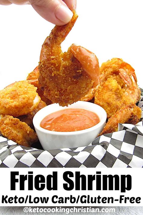 Keto Fried Shrimp with Cocktail Sauce - Low Carb/Gluten & Sugar-Free Crispy fried jumbo shrimp made with a Gluten-Free breading that has perfect texture and flavor.  Serve this Low Carb appetizer with homemade sugar-free cocktail sauce and lemon wedges on the side! #ketofriedshrimp #lowcarbfriedshrimp #glutenfreefriedshrimp Low Carb Breading For Frying, Gluten Free Fried Shrimp, Keto Fried Shrimp, Keto Fried Fish, Keto Batter For Frying, Gluten Free Breaded Shrimp, Keto Cocktail Sauce For Shrimp, Low Carb Fried Shrimp, Keto Fried Fish Pork Rinds