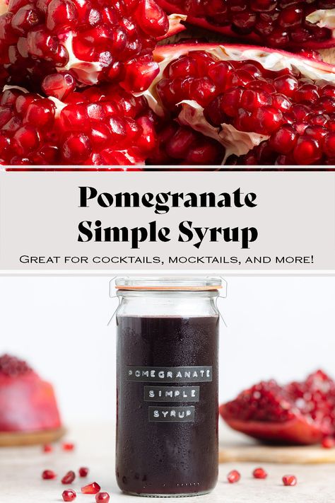 This Pomegranate Simple Syrup has only 2 ingredients and it can be ready in less than 10 minutes! It's one of the easiest simple syrups you can make at home and it has a ton of uses! Add it to cocktails, mocktails, tea, soda, or any other drink! It's totally fool-proof and freezer-friendly! It's always a hit and makes the best fall and winter holiday drinks! Pomegranate Simple Syrup, Pomegranate Syrup Recipe, Homemade Grenadine Syrup, Roasted Frozen Green Beans, Homemade Syrups, Pomegranate Syrup, Simple Syrup Recipe, Simple Syrup Cocktails, Cinnamon Simple Syrup