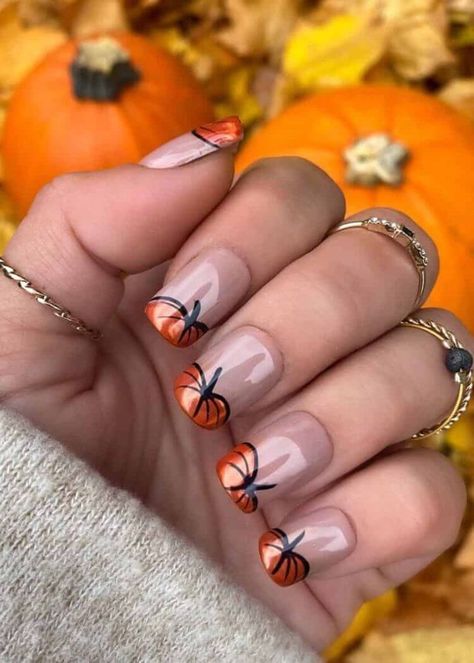 Get into the fall and Halloween spirit with our unique pumpkin nail art designs. Perfect for adding a seasoned flair and spooky touch to your nail designs! Pumpkin Face Nails, Fall Nails With Pumpkins, Pumpkin Nail Art Fall, Cute Pumpkin Nails, Spice Nails, Pumpkin Nail Designs, Fall Toe Nails, Pumpkin Spice Nails, Pumpkin Nail