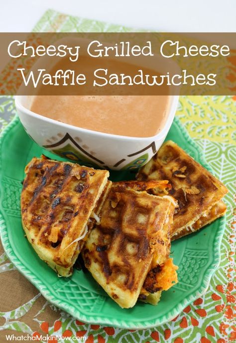 Make an extra tasty grilled cheese sandwiches with 3 cheese waffles! Then, dip in tomato soup. Perfect fall meal! Cheesy Grilled Cheese, Grilled Cheese Waffles, Waffle Sandwiches, Best Biscuits And Gravy, Sweet Savory Recipes, Cheese Waffles, Fall Meal, Waffle Maker Recipes, How To Make Waffles