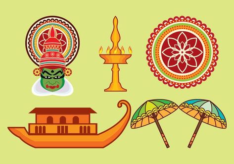 Kerala Vector Icons Set Kerala Doodle Art, Kerala Piravi Drawings, Rakhi Background, Onam Ideas, Kerala Drawing, Science Exhibition, School Art Activities, Happy Rakhi, School Book Covers