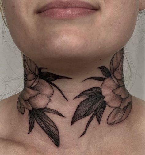 Flower Throat Tattoos Women, Traditional Neck Tattoos Women, Small Throat Tattoo, Flowers Throat Tattoo, Center Neck Tattoos Women, Flower Throat Tattoo, Wrap Around Neck Tattoo, Symmetrical Neck Tattoo, Traditional Peony Neck Tattoo