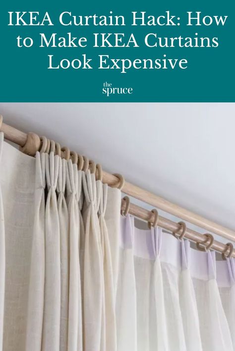 With this easy DIY you can easily transform budget-friendly IKEA curtains in to curtains that look tailored. Follow our instructions for the IKEA curtain hack. #ikeahack #apartmentdecor #apartmentdecoratingonabudget #apartmentliving #smallspacedecorating #thespruce How To Make Ikea Curtains Look Expensive, Ikea Luxury Curtain Hack, Ikea Beige Curtains, Ikea Hannalill Curtains Beige, Ikea Tibast Curtains, Vilborg Curtains Ikea Beige, Tibast Curtains Ikea, Ikea Hannalill Curtains, Sanela Curtains Ikea