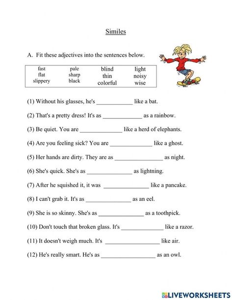 Similes Worksheet Grade 4, Similes Worksheet, English Beginner, Simile Worksheet, Class Worksheets, Part Of Speech Grammar, Spelling Homework, Figurative Language Worksheet, English Grammar Test