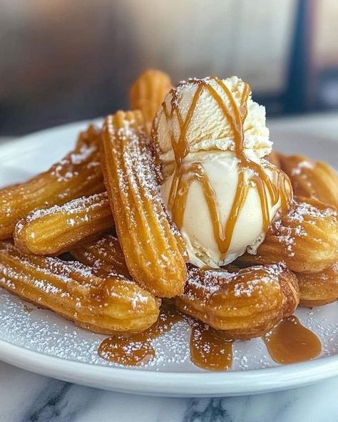 RecipeTin | Churros with Vanilla Ice Cream & Caramel Drizzle 🍦🍮 | Facebook Ice Cream Caramel, Creamy Vanilla Ice Cream, Cream Caramel, Caramel Drizzle, Mexican Dessert, Vanilla Ice, Vanilla Ice Cream, Something Sweet, Caramel