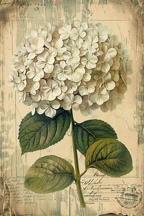 Tropical Flowers Illustration, Faded Background, Vintage Botanical Illustration, Hydrangea Bloom, Handwritten Text, Hydrangea Colors, Spring Printables, Botanical Illustration Vintage, Digital Borders Design