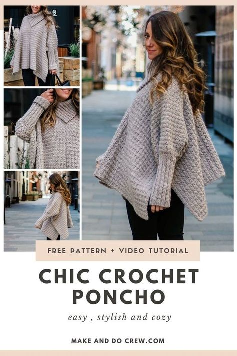 This cozy, cuffed sweater from Make and Do Crew is perfect for fall weather! Made with Lion Brand Touch of Alpaca yarn, it's lightweight and comfortable to wear. The simple, easy-to-follow pattern makes it great for crocheters of all skill levels. Women of all ages will love this bohemian-inspired poncho. Visit our blog to get this free crochet sweater pattern! Crochet Winter Poncho Free Pattern, Crochet Fall Clothes, Sophisticated Crochet, Easy Crochet Poncho, Crochet Poncho With Sleeves, Sweater Free Pattern, Crochet Poncho Pattern, Crochet Jackets, Crochet Shirts