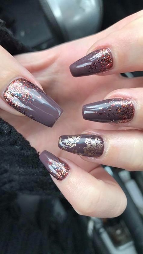 Acrylic coffin shaped fall nails.  Autumn colors.  Gold leaf nail art. Fall Nails Coffin Short, Fall Nails Short Coffin, Autumn Nails Acrylic Coffin Short, Fall Acrylic Nails Coffin, Fall Nails Gold Flakes, Fall Acrylic Nails Autumn Coffin, Autumn Nail Ideas Acrylic, Nail Fall, Acrylic Nail Designs Coffin