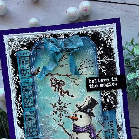 Cathie Cowles on Instagram: "Wow! The inspiration for the @tim_holtz @stampersanonymous YT Live was off the charts. My head is swimming with all kinds of new ideas. The new release is filled with amazing images and Mr. Frosty sure captured my heart. Everyone who knows me knows how much I love snowmen and this little guy is simply magical. I hope you check out the YT Live for amazing makes and ideas to get your holiday making off to a good start.   #timholtz #stampersanonymous #rangerink #christmas #mrfrosty #christmascards #handmadechristmas #snowman #snowmen #winter #snowflakes #mixedmedia" Mr. Frostie Tim Holtz, Tim Holtz Mr Frostie Cards, Tim Holtz Mr Frostie, Tim Holtz Snowman, Stampers Anonymous Christmas, Sizzix Cards, Tim Holtz Stamps, Tim Holtz Cards, Card Candy