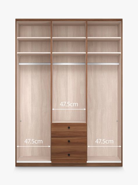 John Lewis & Partners Marlow 150cm Hinged Door Wardrobe with 3 Drawers Three Door Wardrobe Design, Wardrobe Interior Design Shelves, 3 Door Wardrobe Design, Built In Wardrobe Ideas Layout, Built In Wardrobe Doors, Wardrobe Internal Design, Built In Wardrobe Ideas, Wardrobe Internal, Cornice Detail