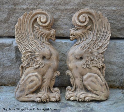 Griffin gryphons Winged lion wall Sculpture plaque set pair | Etsy Winged Sculpture, Winged Lion, Concept Inspiration, Wind Sculptures, Gothic Fantasy Art, Greek Sculpture, Concrete Projects, Clay Wall, Faux Finish